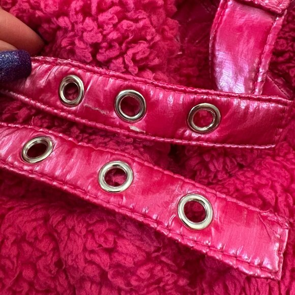 Forever 21 Womens Hot Pink Sherpa Jacket JuniorSize L With Faux Leather Sleeves - Picture 9 of 16